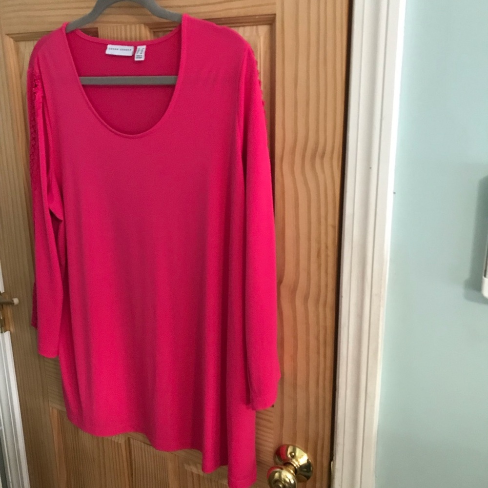 Susan Graver Fuchsia Liquid Knit 3/4 Sleeve Top with Crochet Sleeve Lace Detail